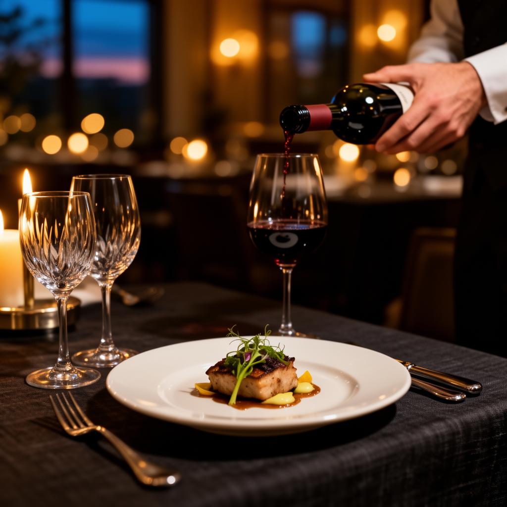 Sommelier pouring vintage red wine at a candlelit Michelin-star restaurant table