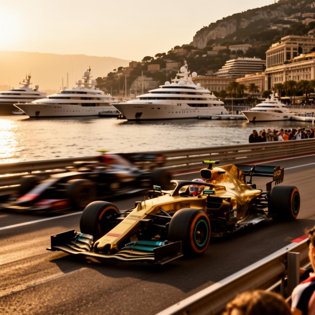 Front-row view of a Monaco Grand Prix race weekend with superyachts in the harbour at golden hour