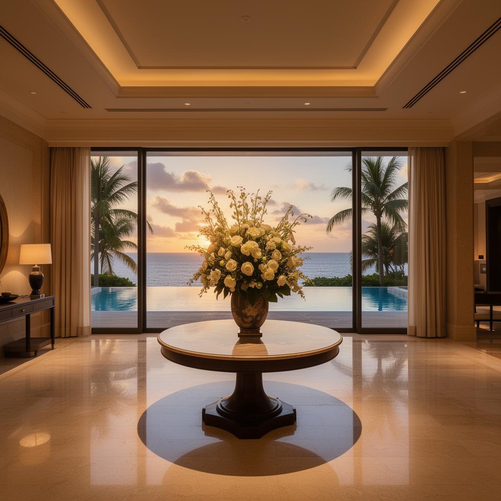Marble lobby of a luxury resort overlooking an infinity pool and ocean at sunset